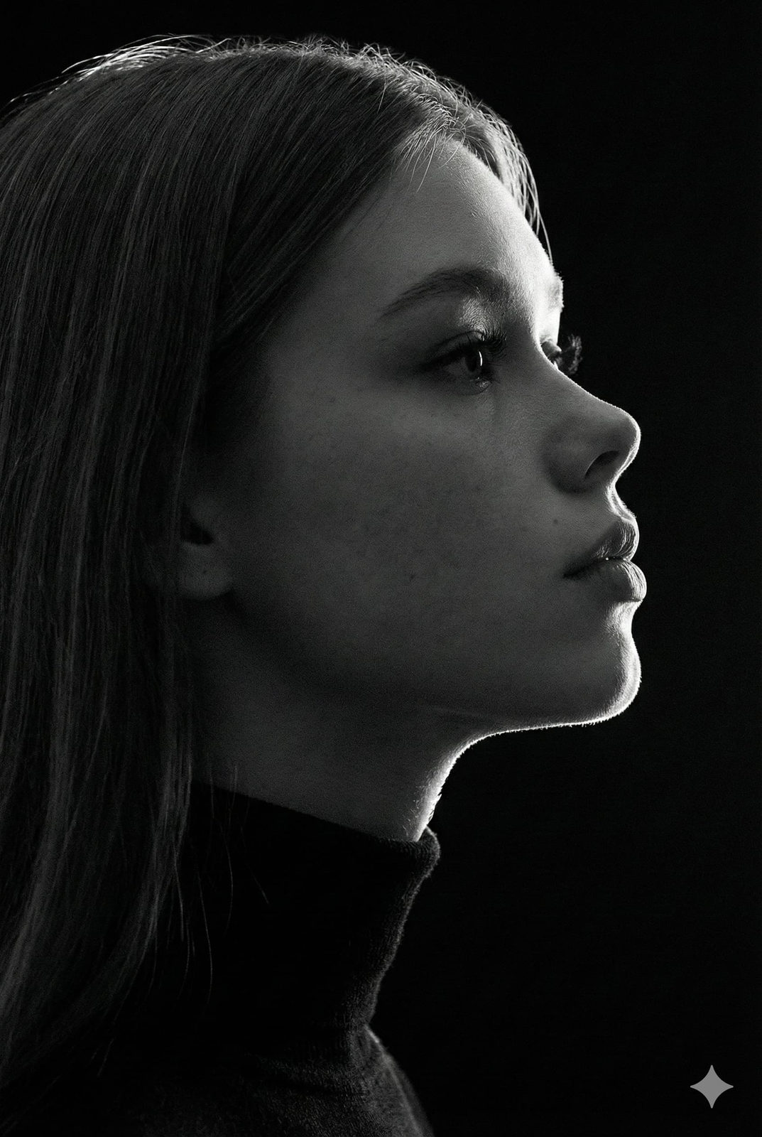 A side-profile portrait of a gender-neutral subject in a dark turtleneck against a pure background, with stark lighting creating a dramatic shadow.