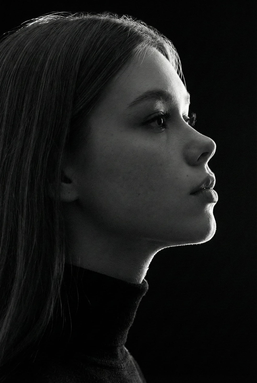 A side-profile portrait of a gender-neutral subject in a dark turtleneck against a pure background, with stark lighting creating a dramatic shadow.