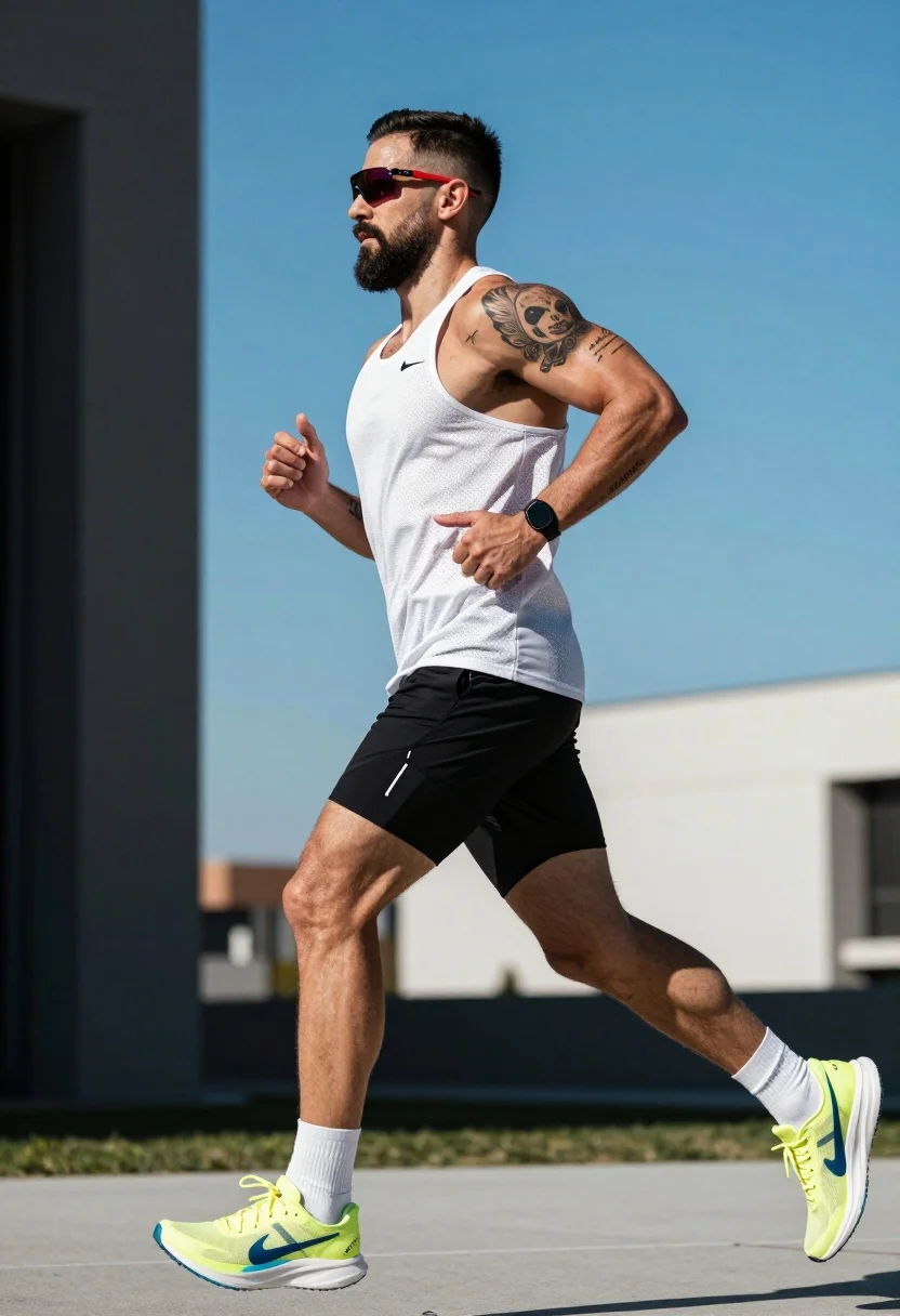 A muscular man with a beard running in profile against a bright blue sky, highlighted by natural sunlight.