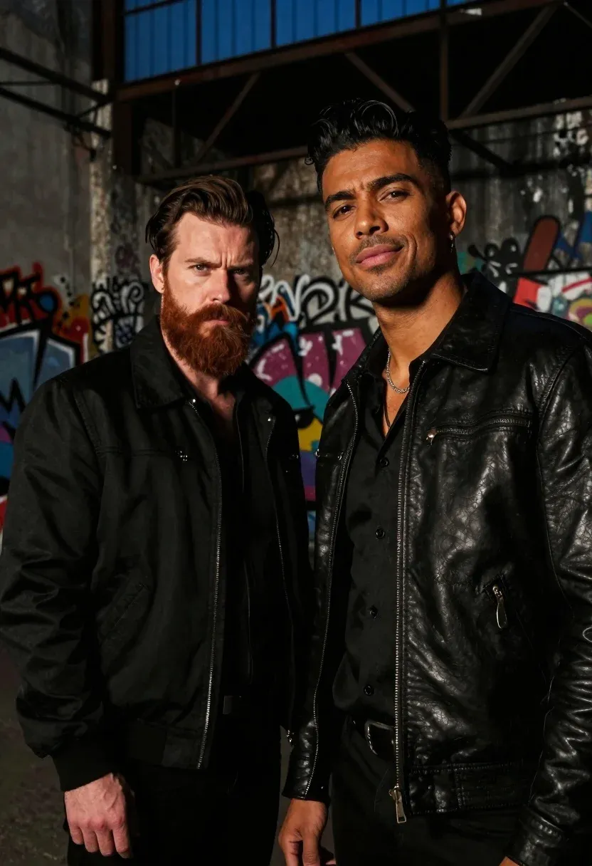 Low-angle Medium Shot Featuring Two Men Standing Urban Industrial Setting