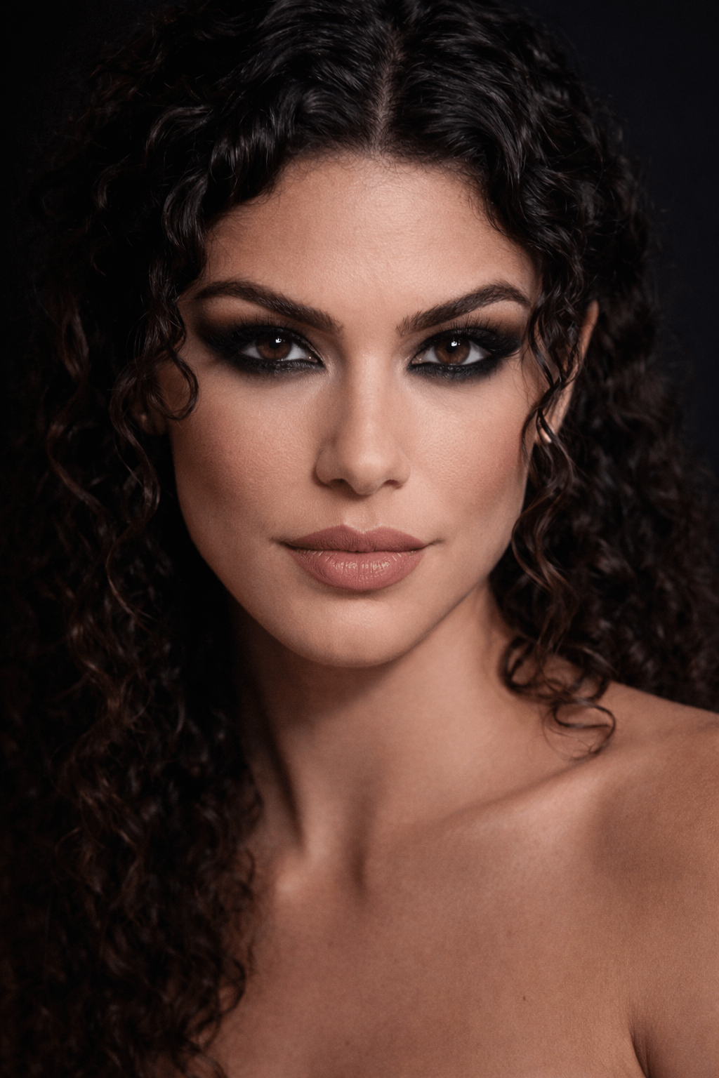 Sepia-toned portrait of a woman with dark curls and bare shoulders framed against a dark backdrop.