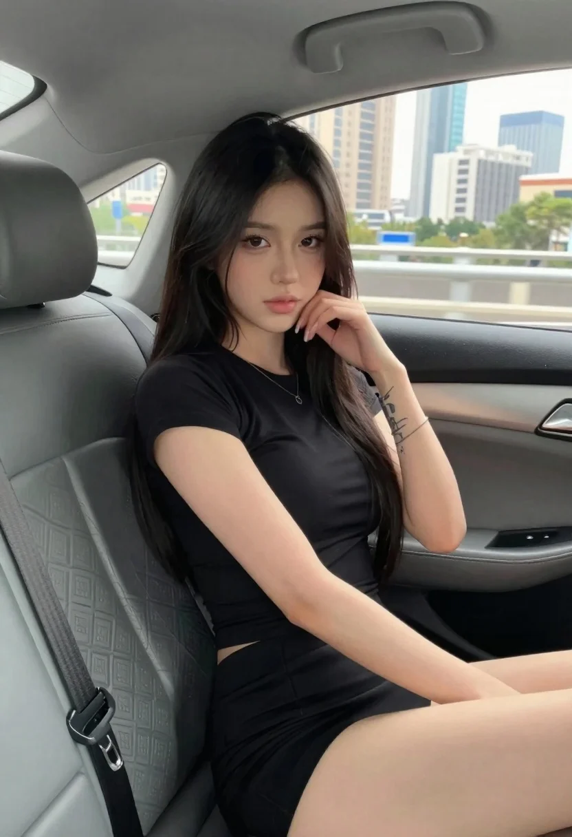 Young Woman With Long Dark Hair Sits The Back Seat reference photo