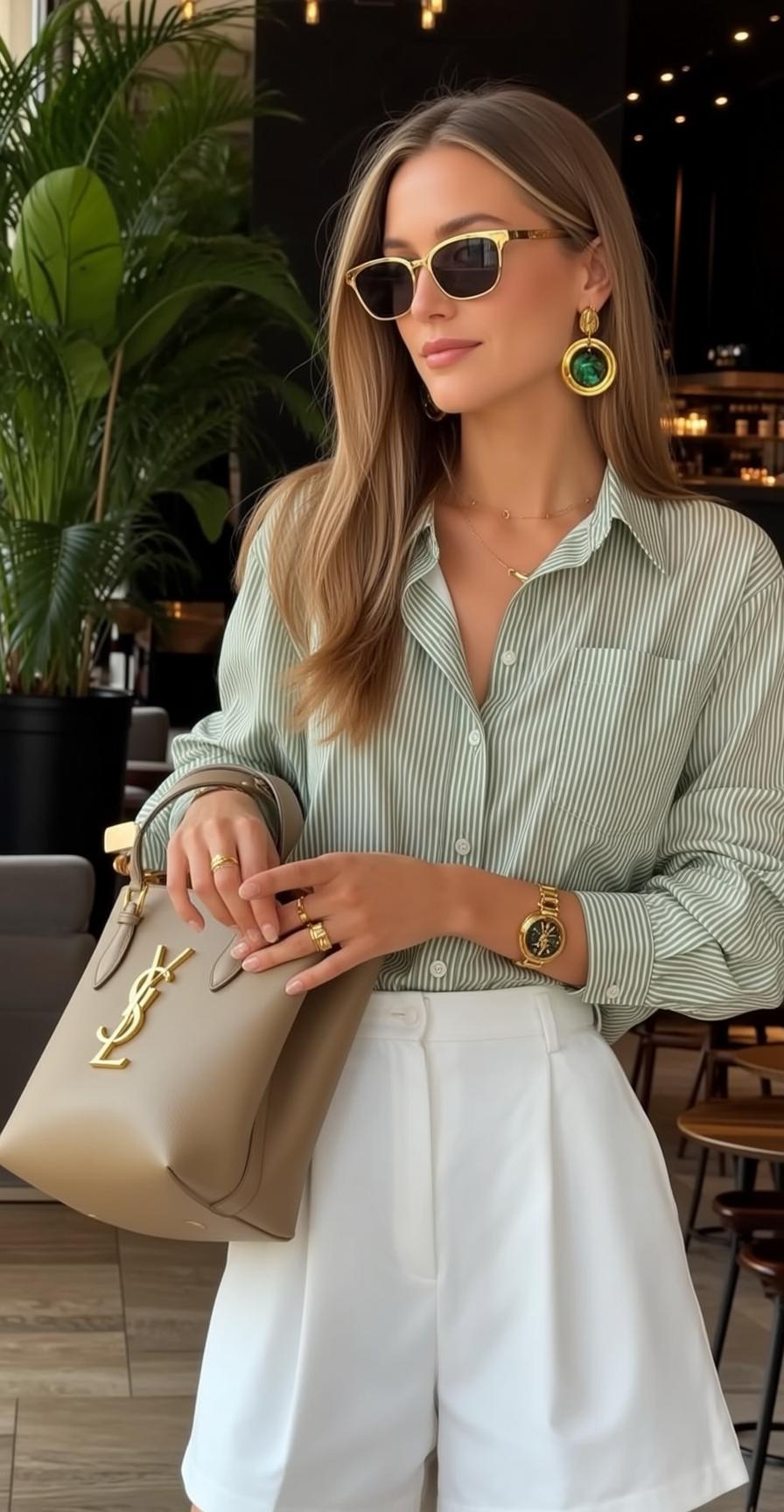Blonde Woman Green Striped Shirt Gold Sunglasses Cafe