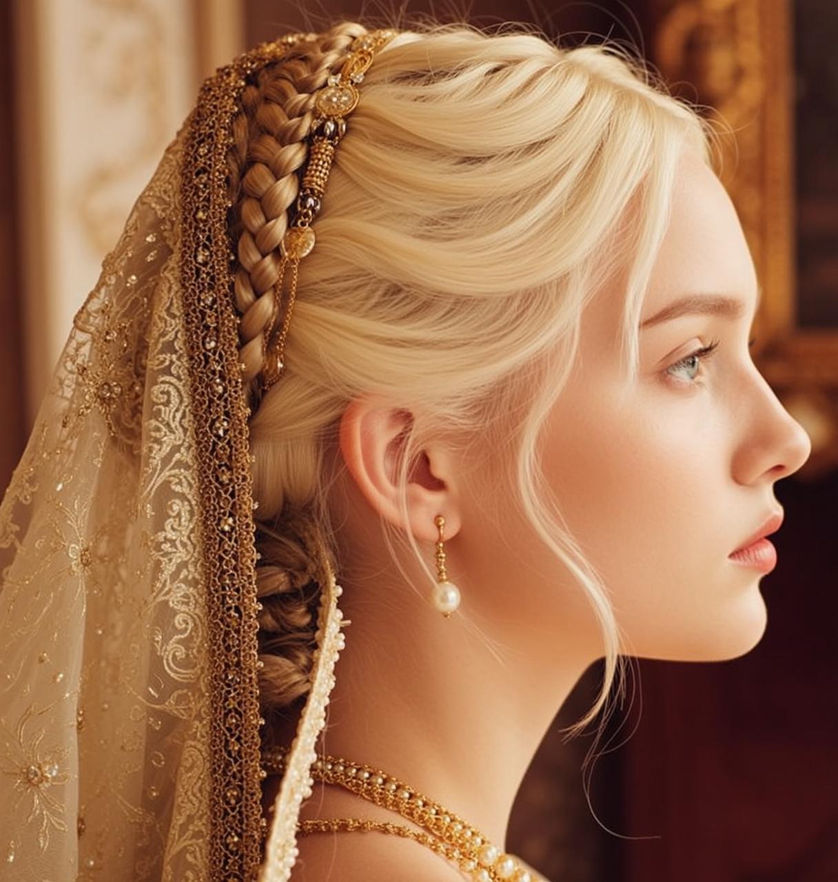 Blonde Braided Hair Opulent Indoor Portrait Gold Frame