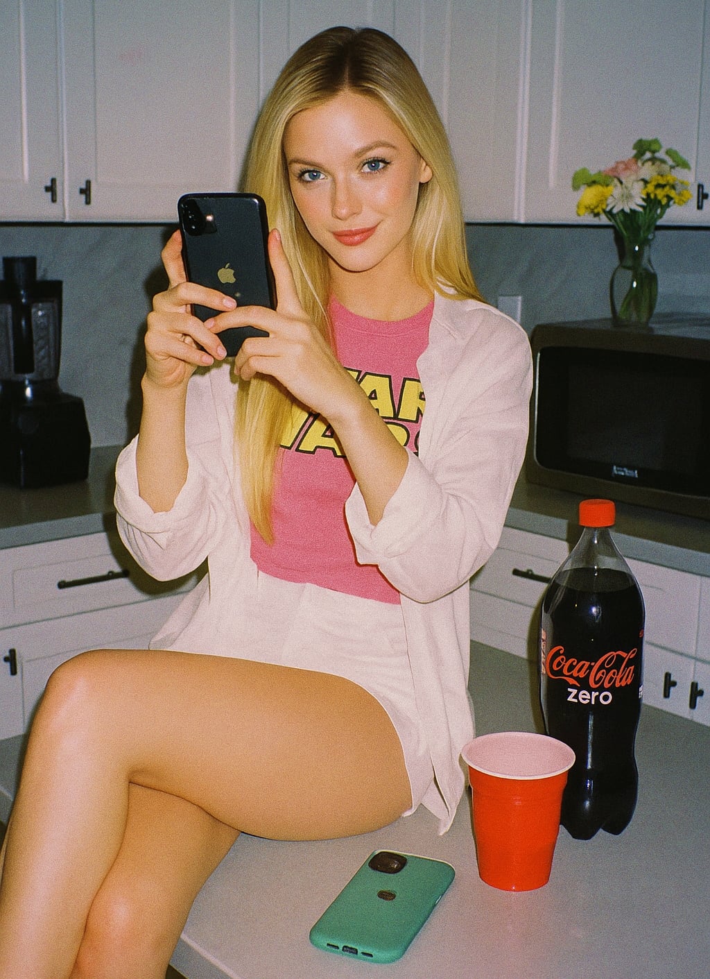 Kitchen Counter Selfie Pink Graphic T Shirt Coca Cola