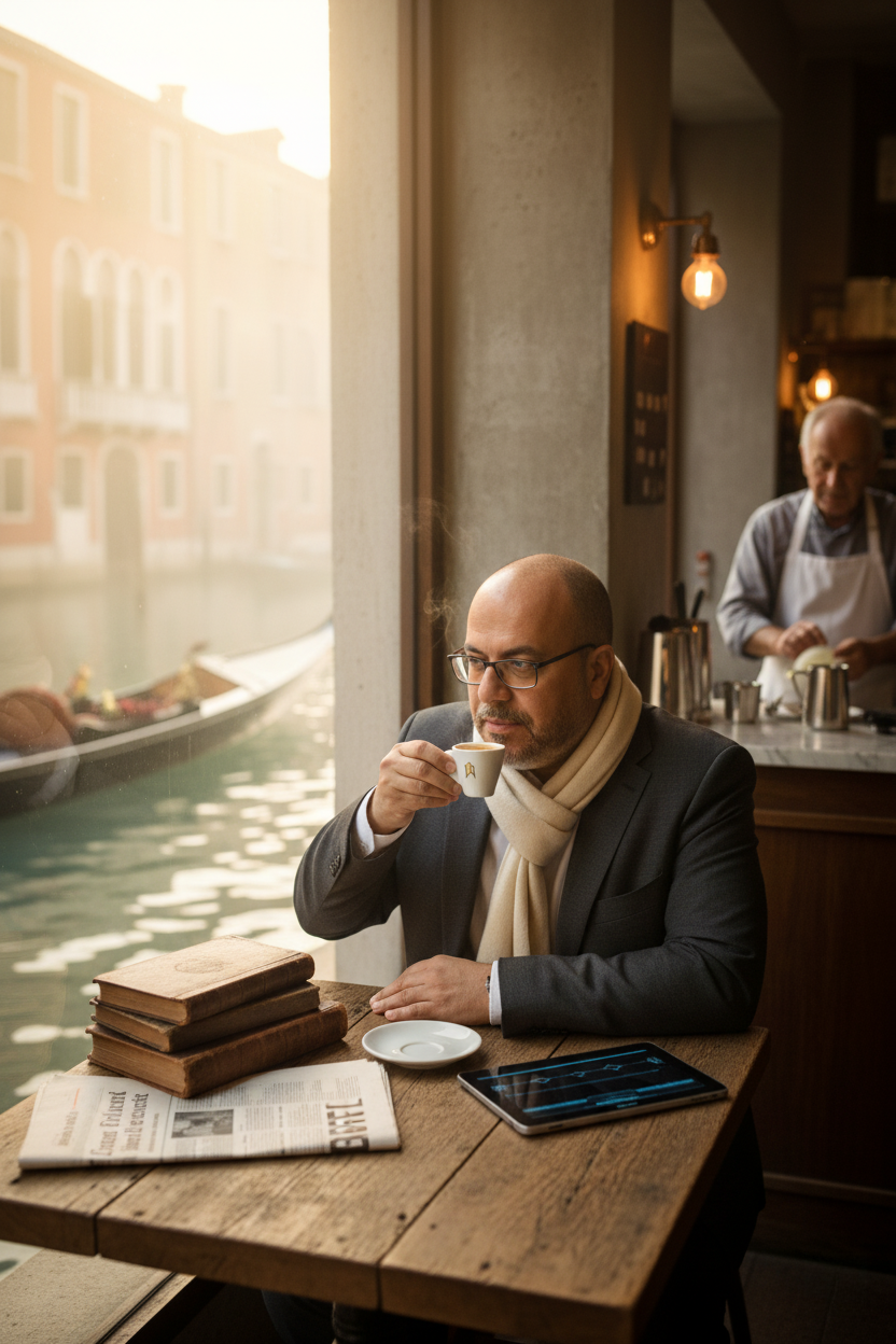 A hyper-realistic editorial shot of a person sipping espresso in a minimalist Venetian café at dawn.