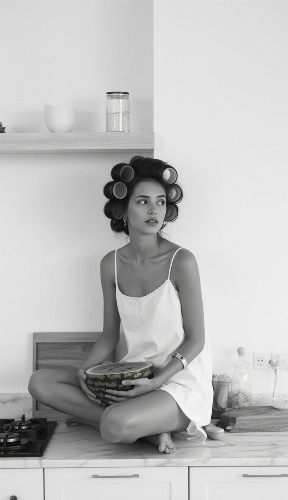 Full-body Medium Shot Black And White Photograph Captures Young Woman