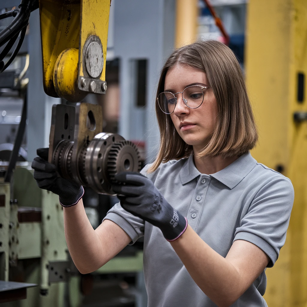 A young light-skinned woman with round glasses interacts with complex machinery in a bright industrial setting.