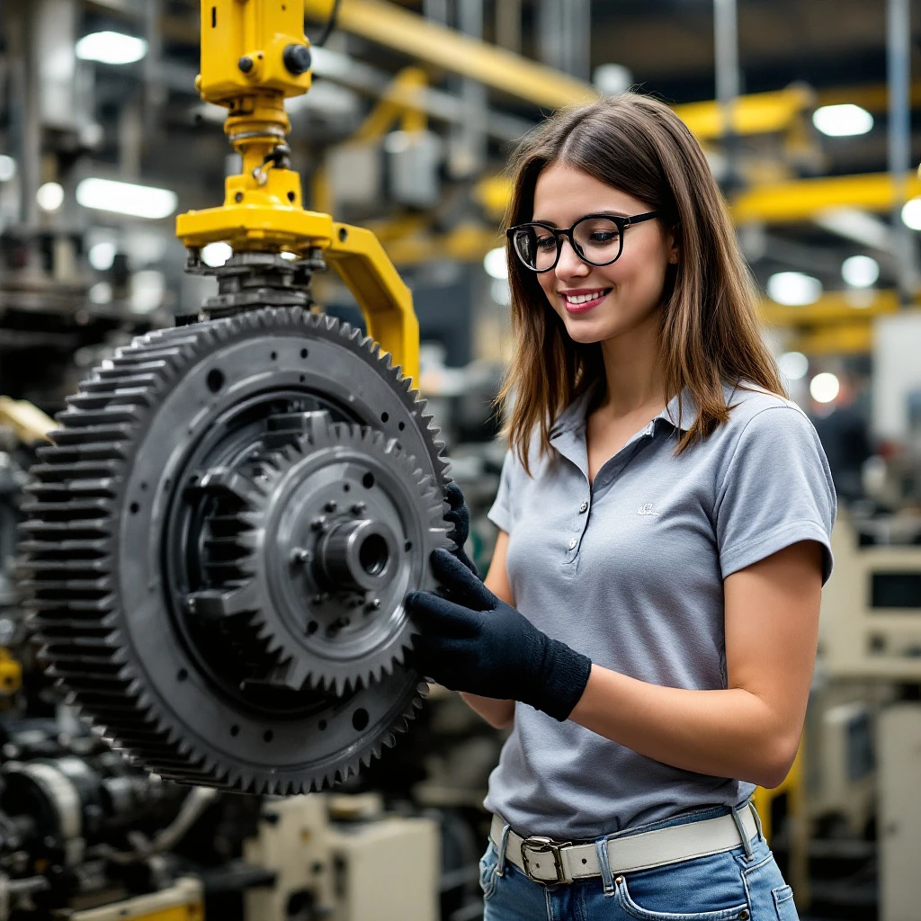 A young woman in a light gray polo carefully inspects mechanical equipment in an assembly plant environment.