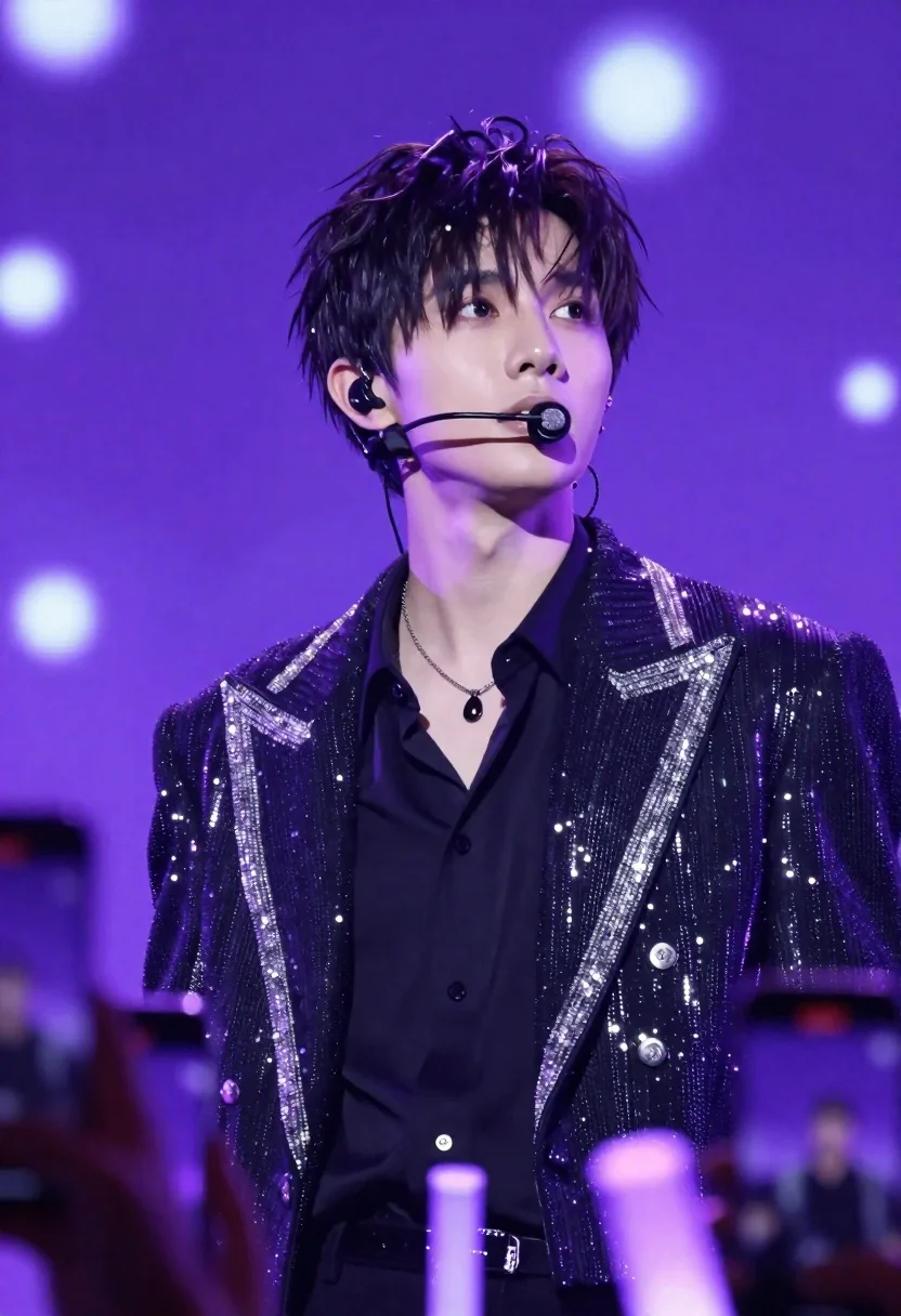 Close-up of a young man with dark tousled hair, performing on stage under vibrant purple lighting, showcasing his intense expression.