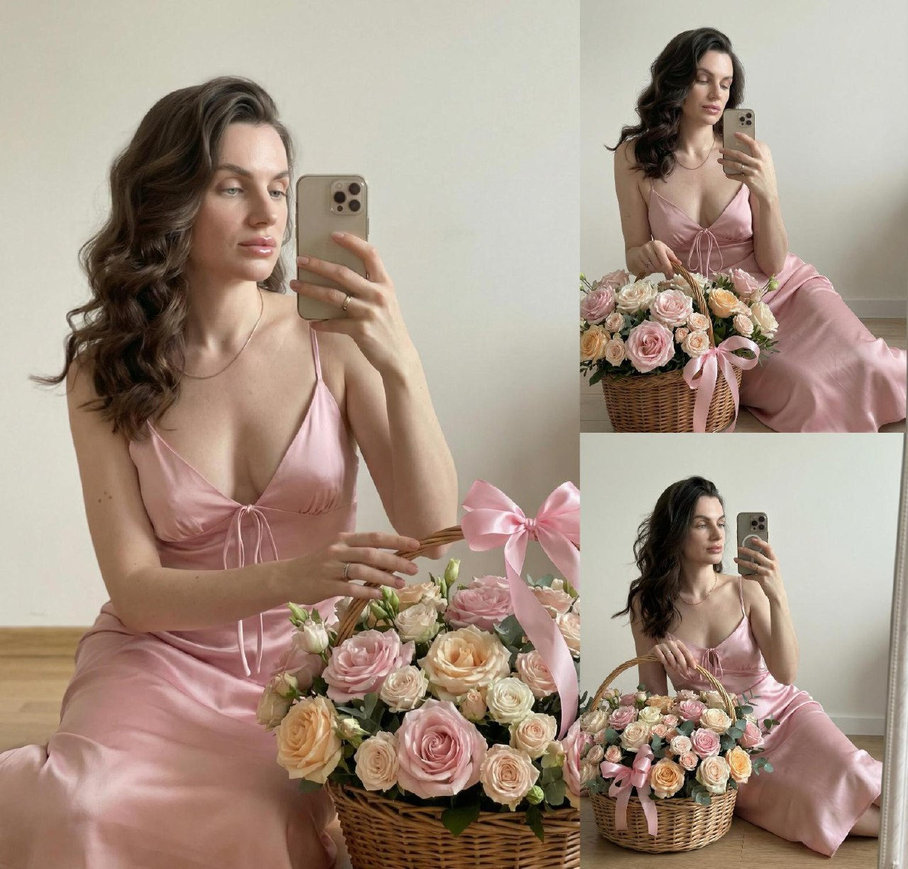 Realistic Woman Flower Basket Selfie