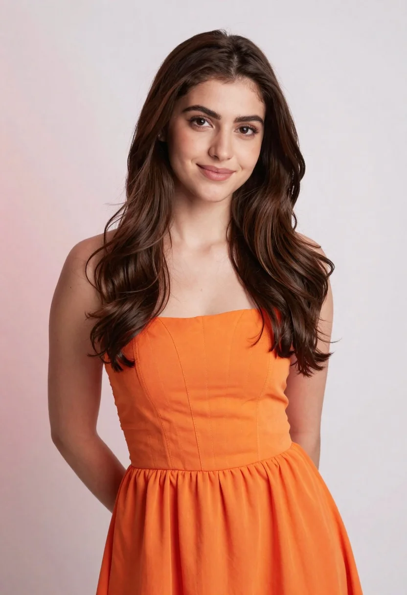 Portrait Young Woman With Long Wavy Brown Hair And Warm reference photo