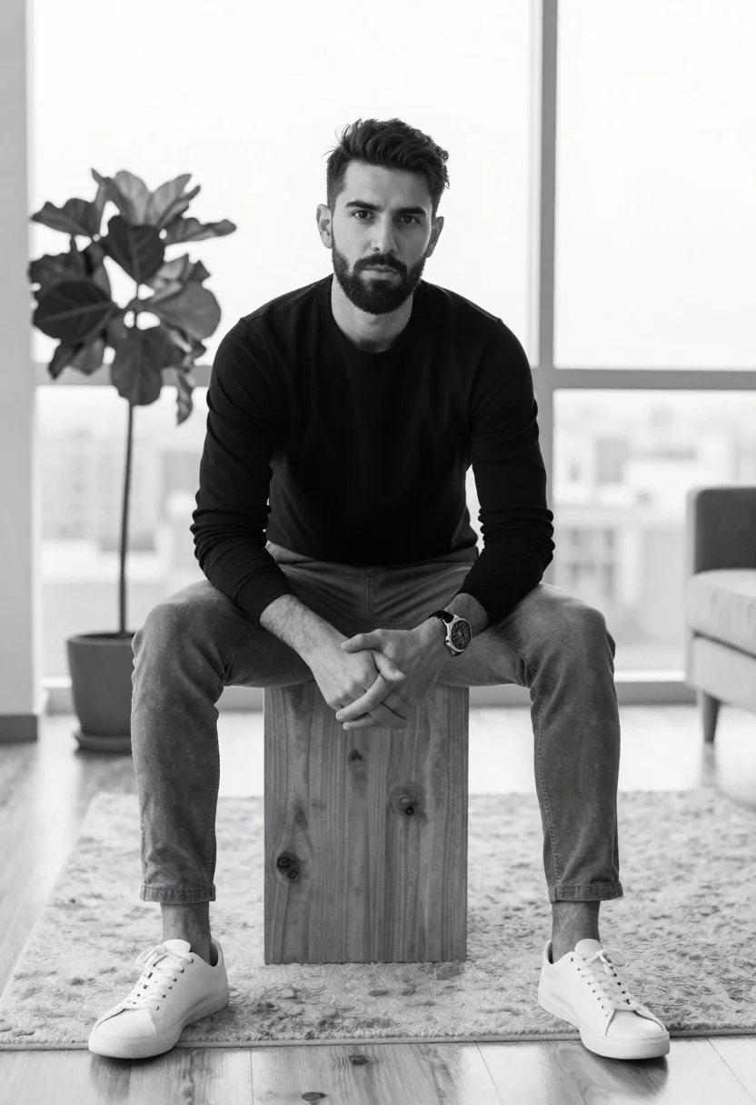 Black And White Studio Portrait Man With Dark Hair And reference photo