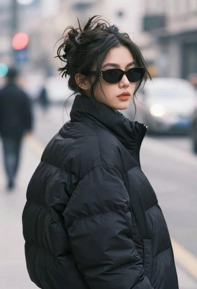 A stylish woman with dark hair wearing sunglasses and a black puffer jacket, standing in an urban setting with a blurred background.