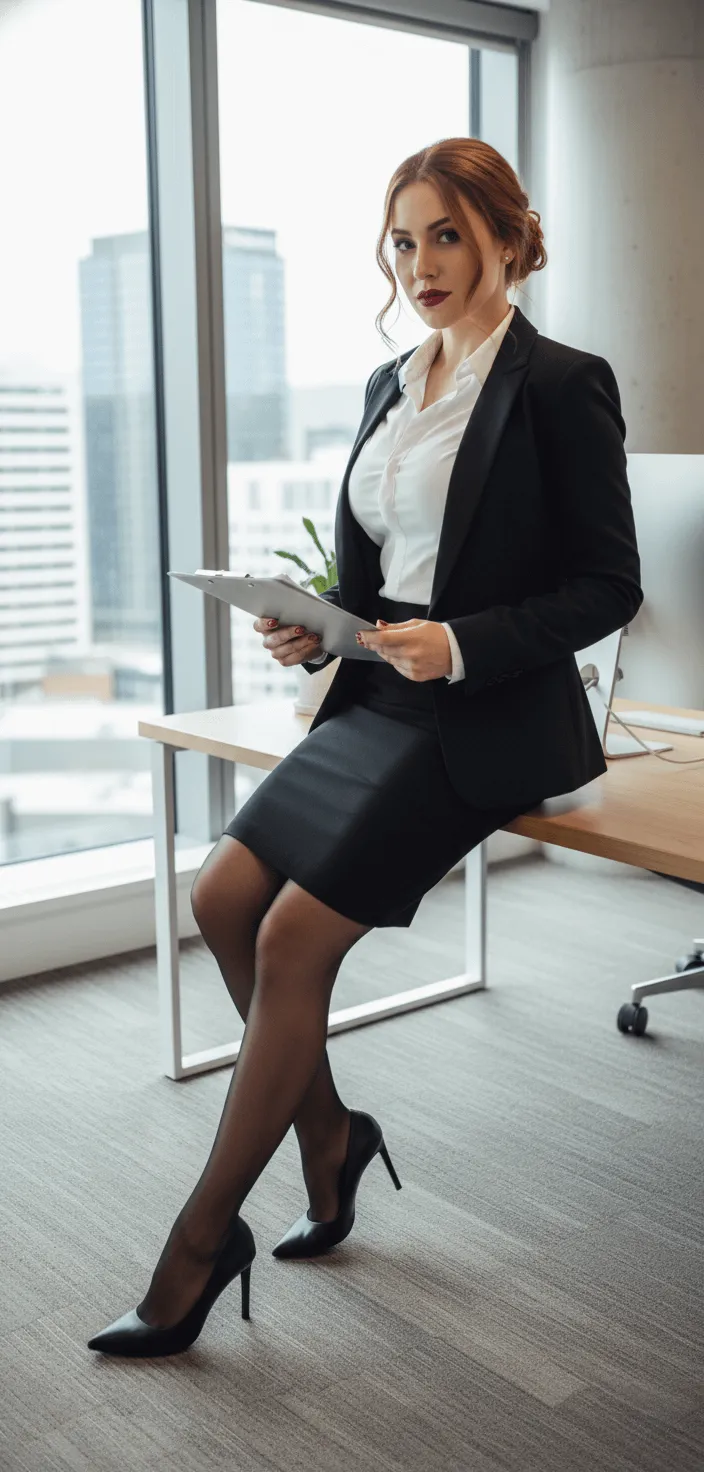 Tailored Black Blazer Over Crisp White Button In Sheer Pantyhose