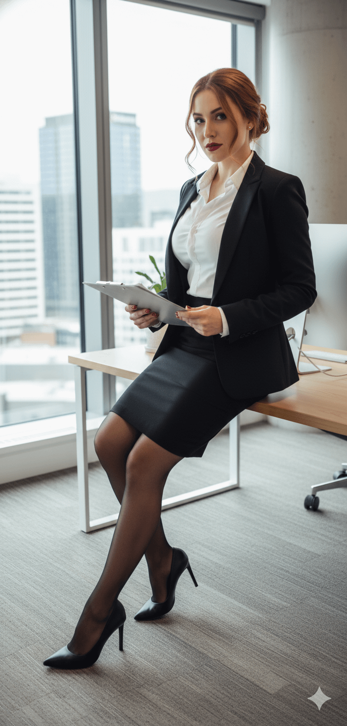 Tailored Black Blazer Over Crisp White Button In Sheer Pantyhose