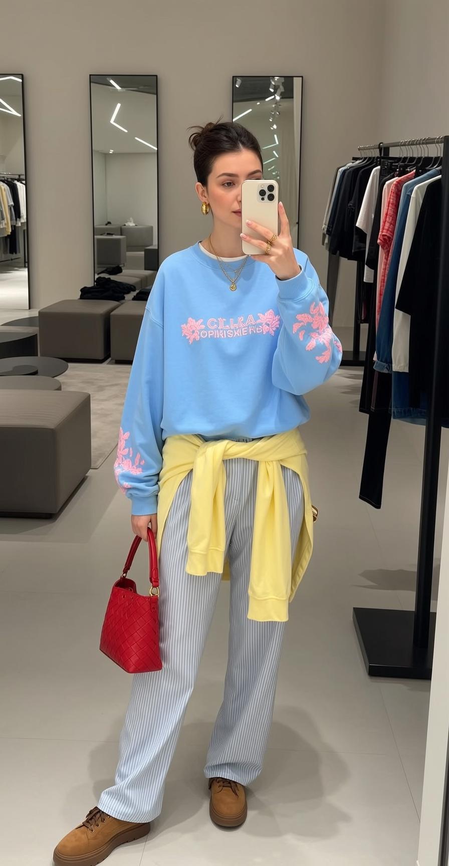 White Sweatshirt Bun Hair Mirror Selfie