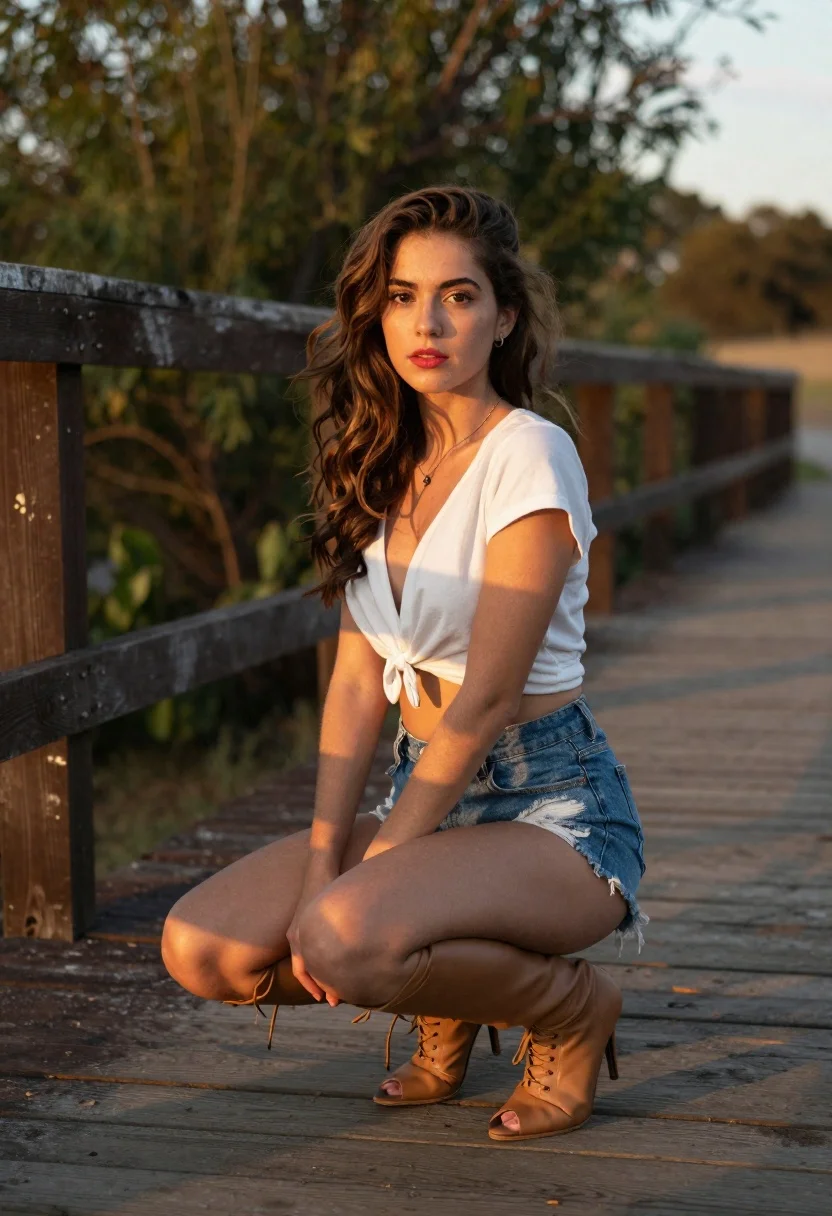 Portrait Young Woman Crouching Wooden Boardwalk With Trees The Background reference photo