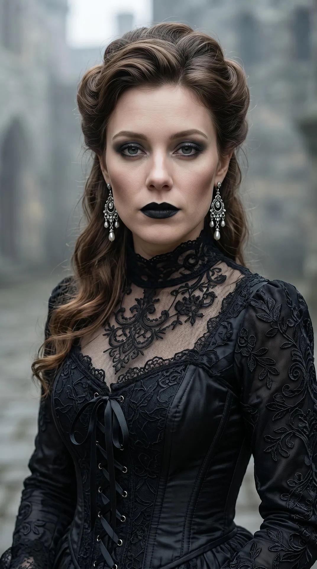 Gothic Aristocrat Woman Black Lace Gown Cinematic