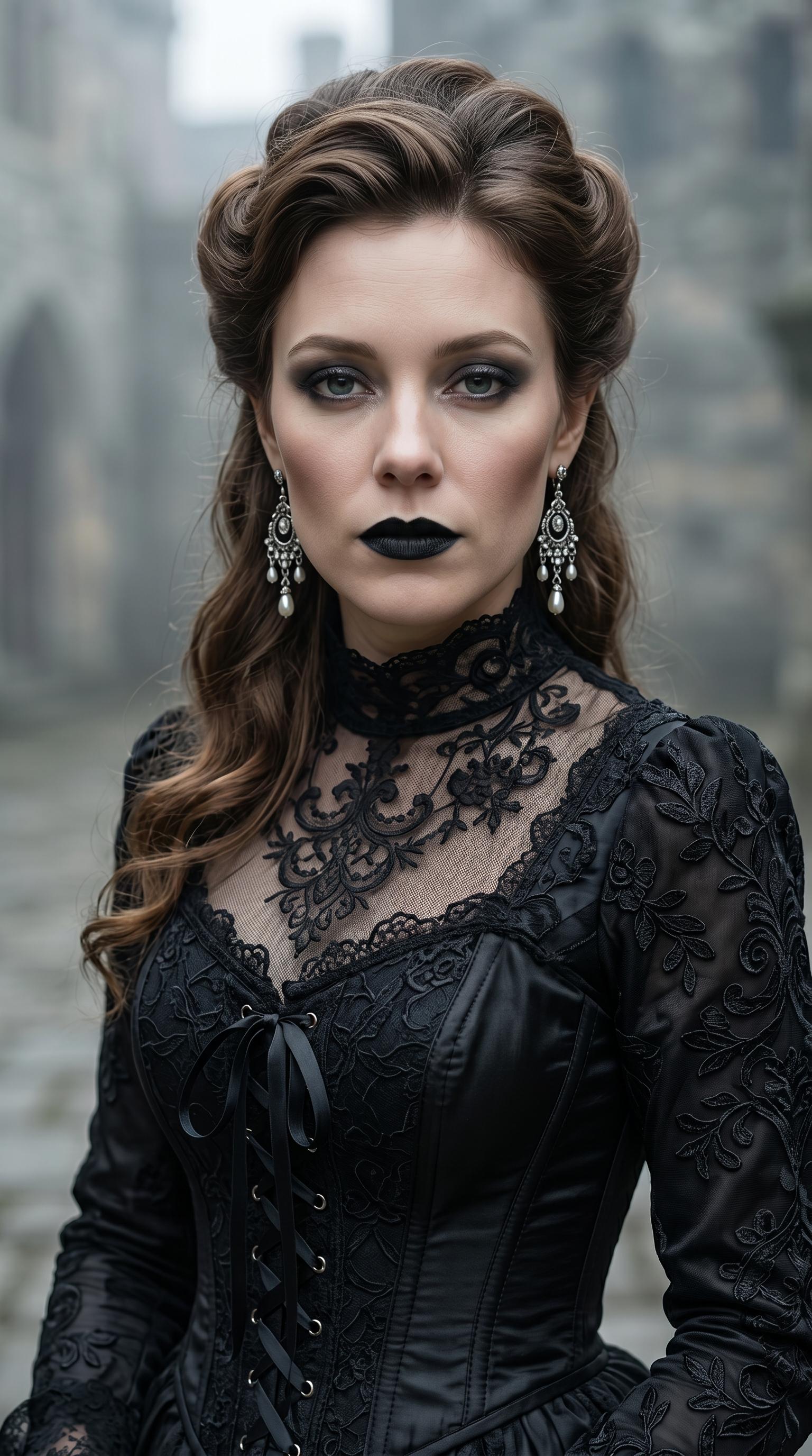 Gothic Aristocrat Woman Black Lace Gown Cinematic
