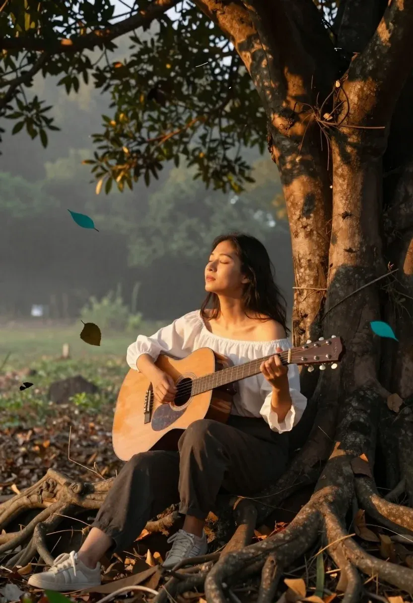 Photorealistic Portrait Young Woman Sitting The Base Ancient Tree Subject