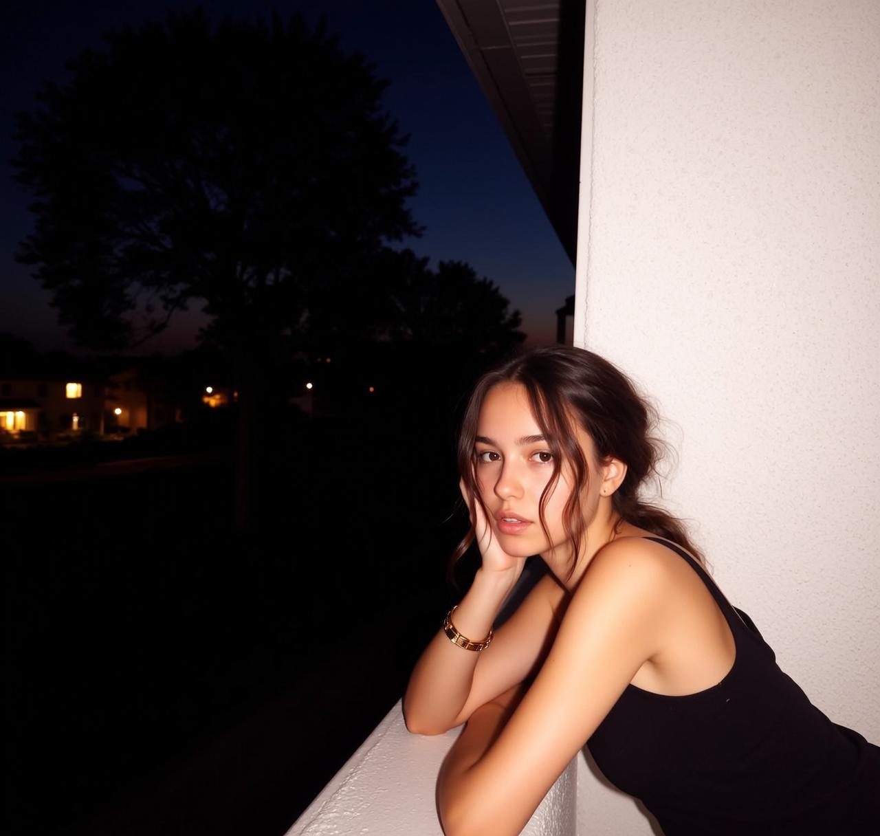 Explore Leaning White Railing Her Right Elbow