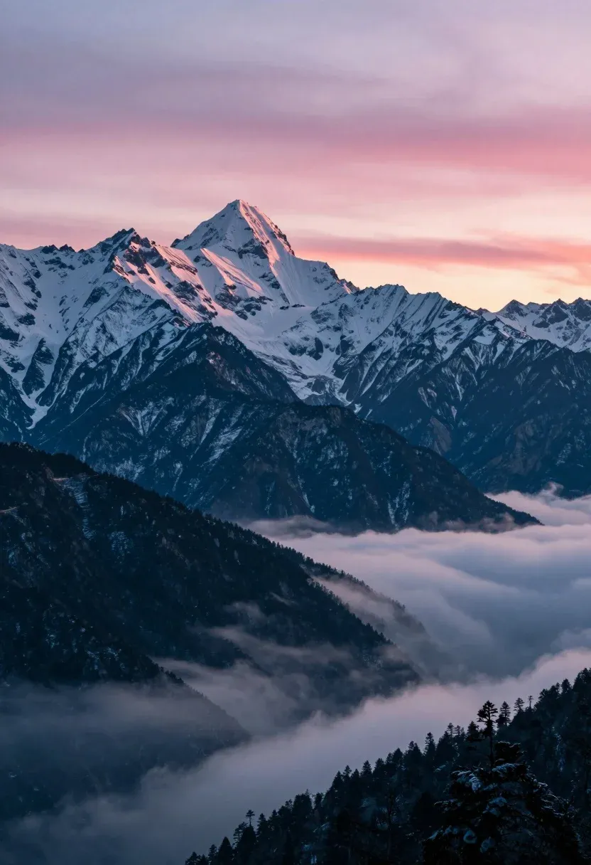 Majestic Mountain Range Rises Above Sea Clouds Under Twilight Sky