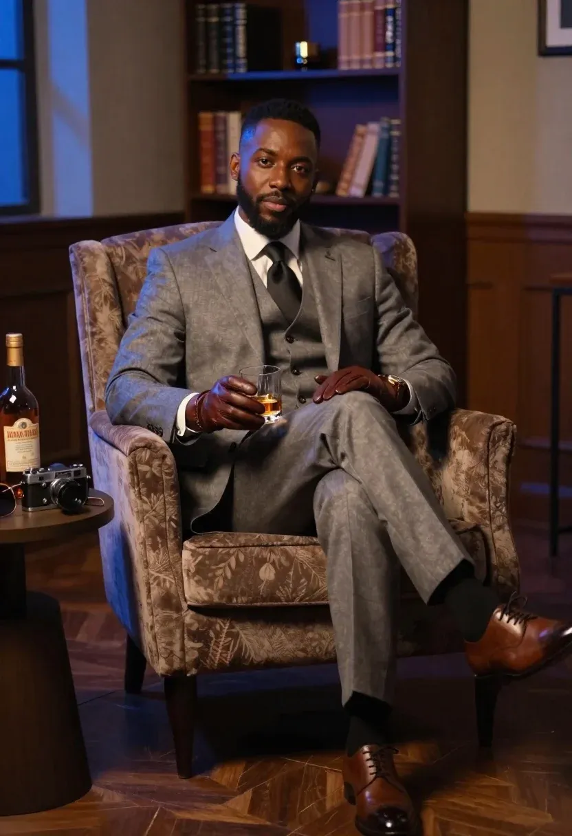 Cinematic Shot Confident Black Man Sitting Armchair Holding Whiskey Dimly