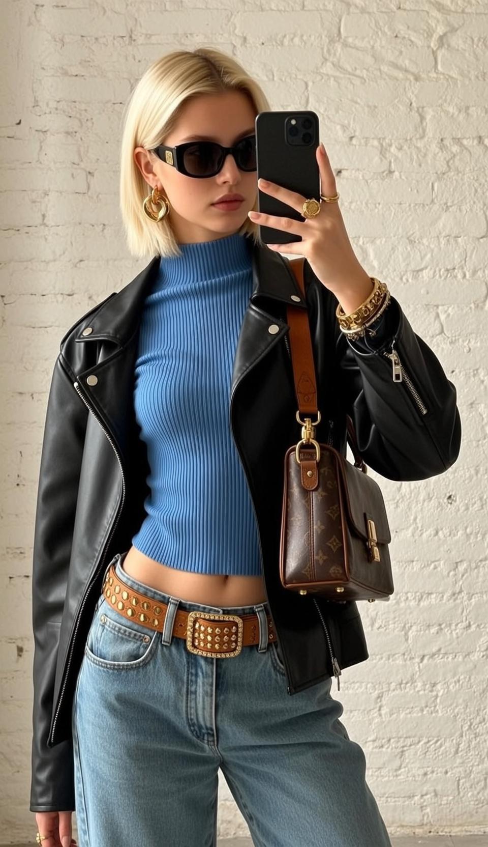 Black Crop Top Bob Hair Mirror Selfie