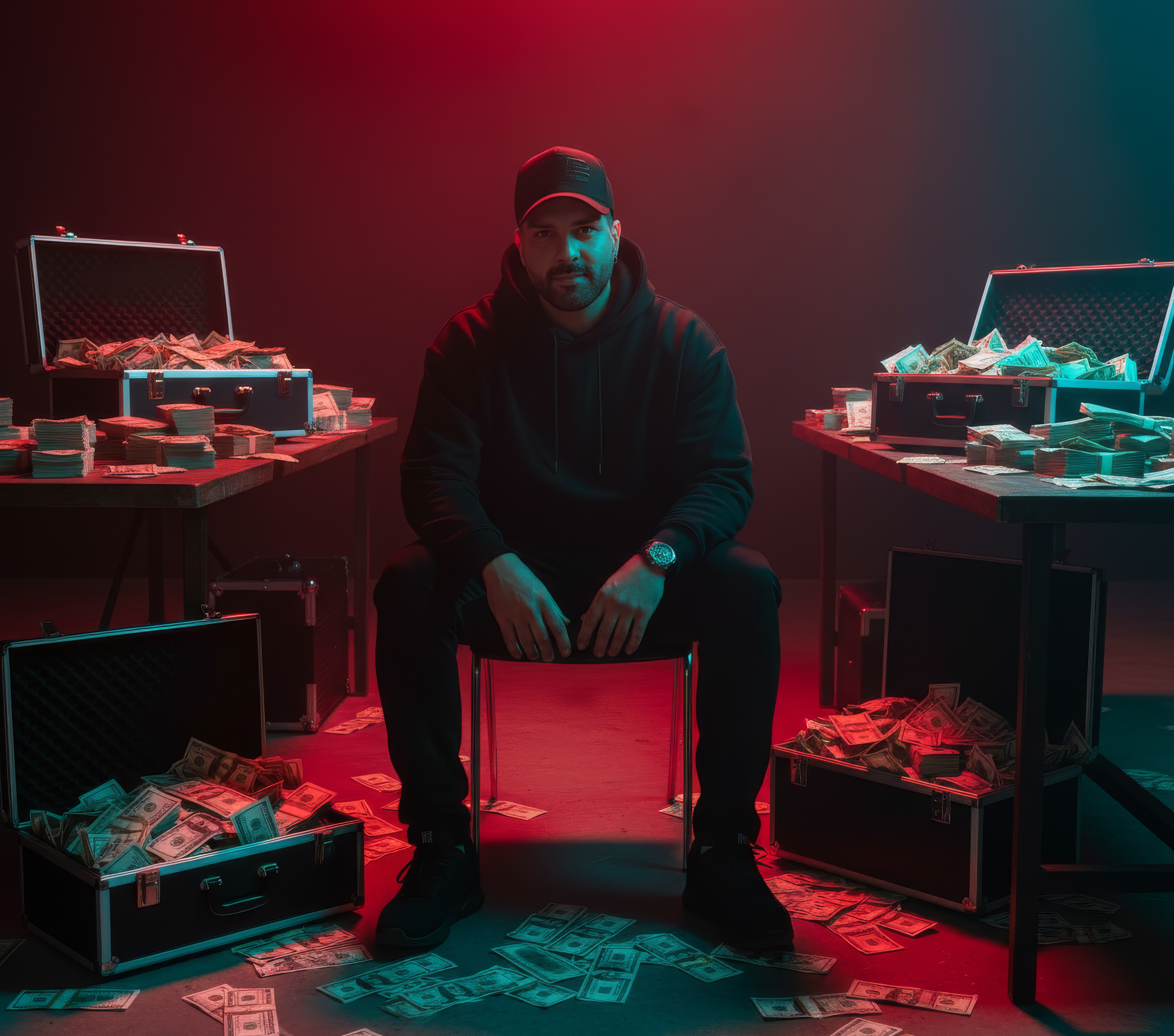 A confident man in black attire sitting in a red-lit room filled with cash, exuding an intense and mysterious energy.