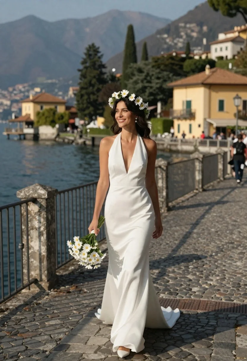 Smiling Woman White Wedding Dress Walks Along Stone Bridge Over
