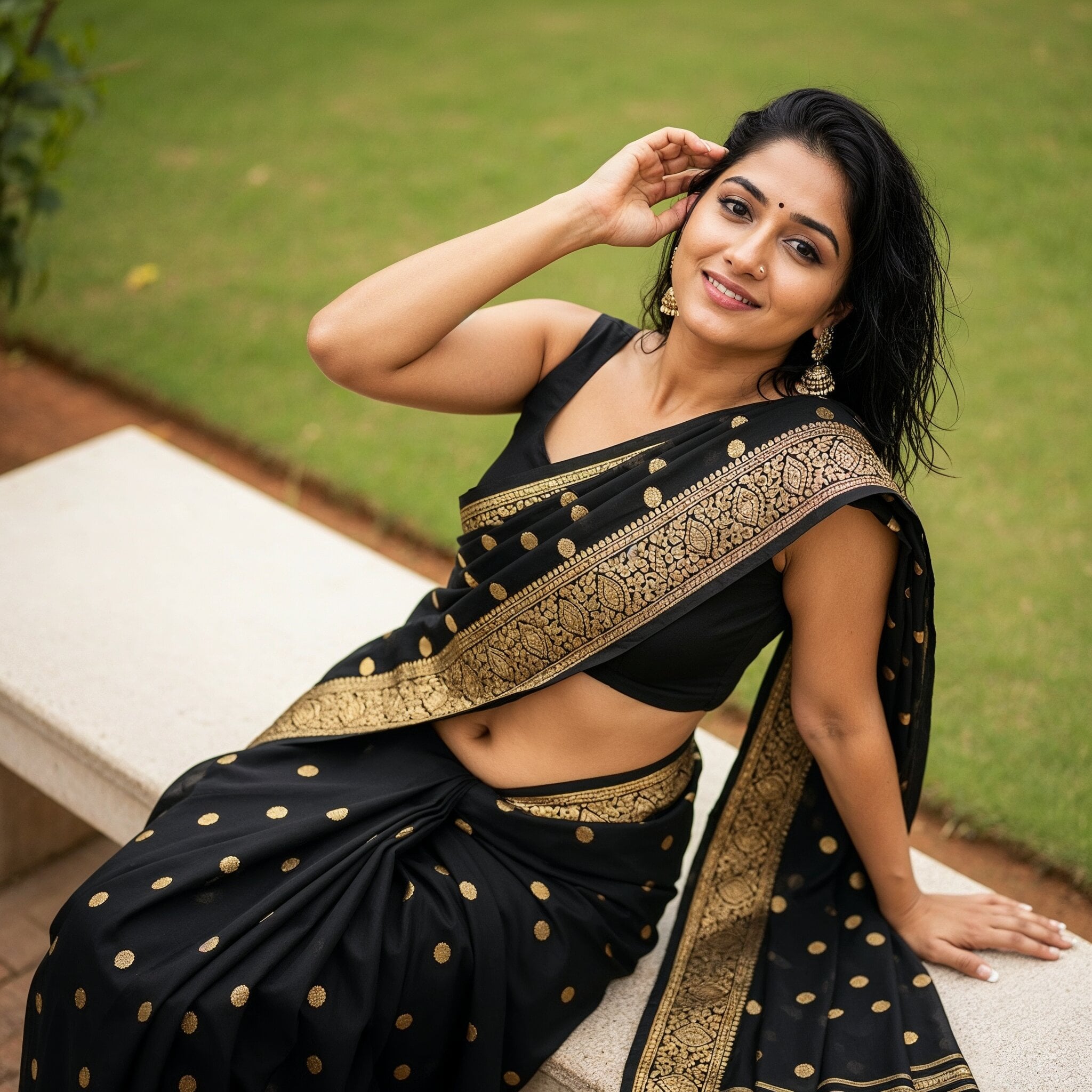 Black Saree Gold Border Garden Bench