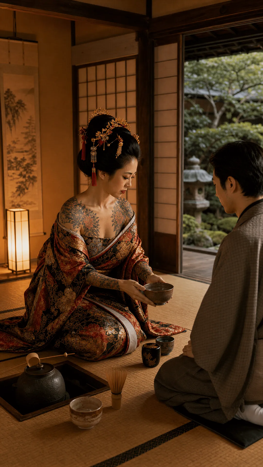 Tattoos Traditional Tea Ceremony Rustic Room Kimono Partner