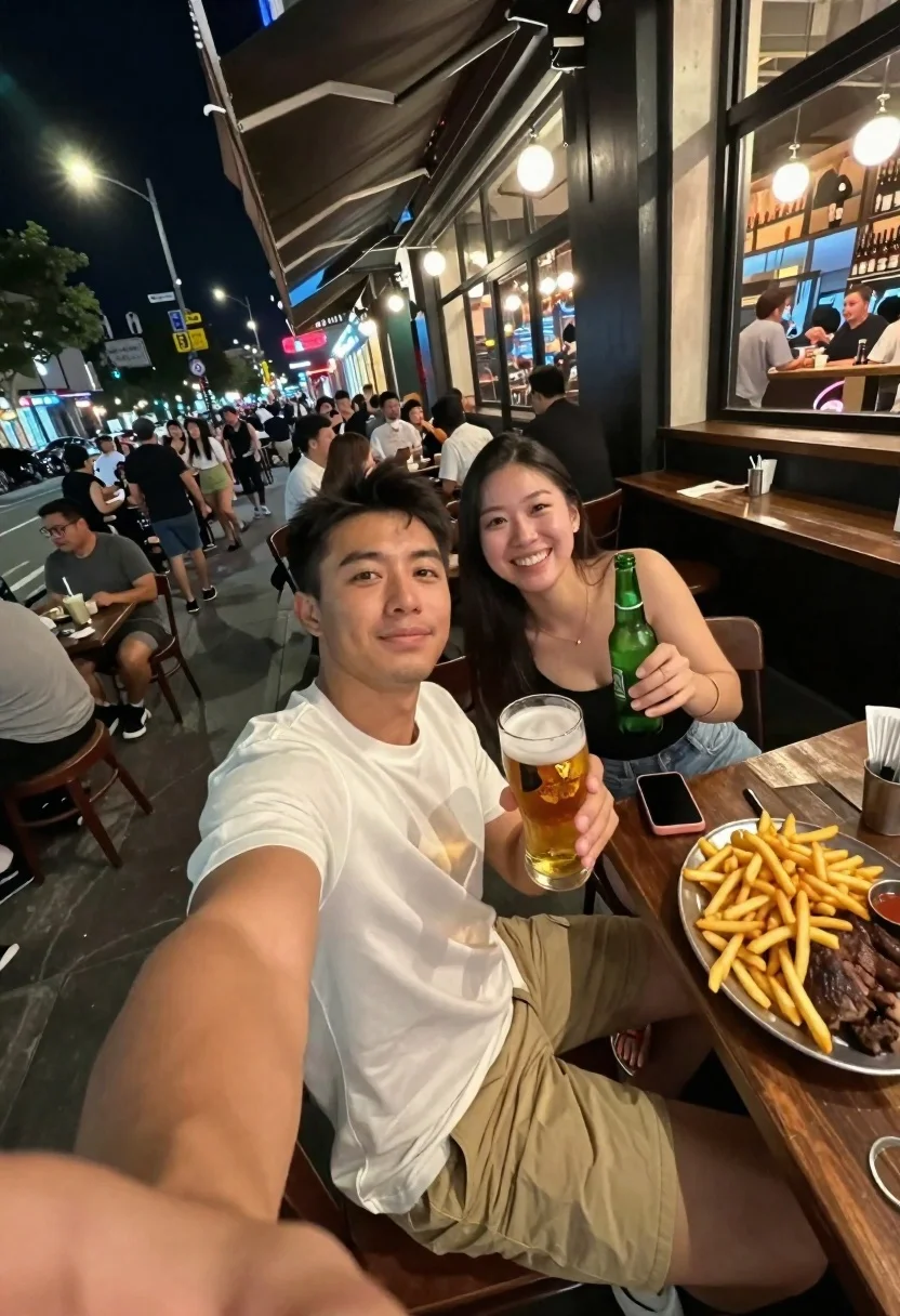 Selfie Taken Bustling Outdoor Night Eatery Subject Man White T-shirt reference photo