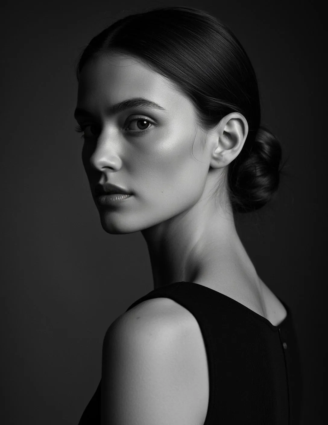 Medium Shot Portrait Young Woman With Dark Hair Pulled Back