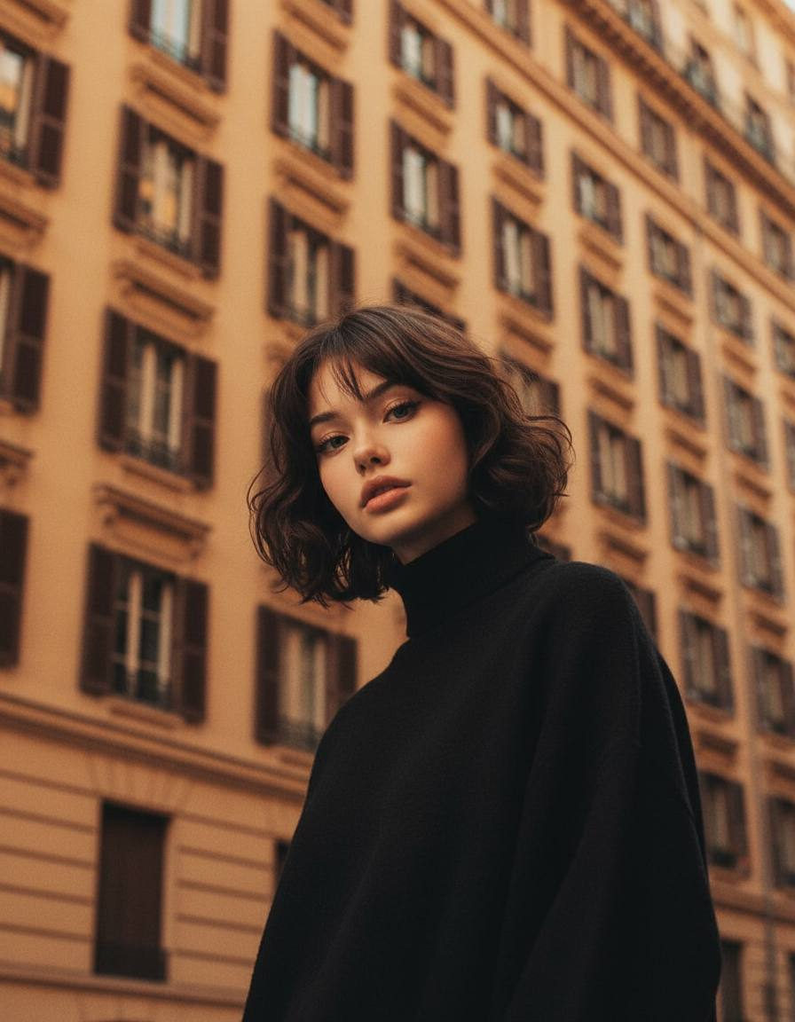 A serious person in a loose turtleneck, gazing thoughtfully into the camera amidst a warm urban backdrop with windows and shutters.