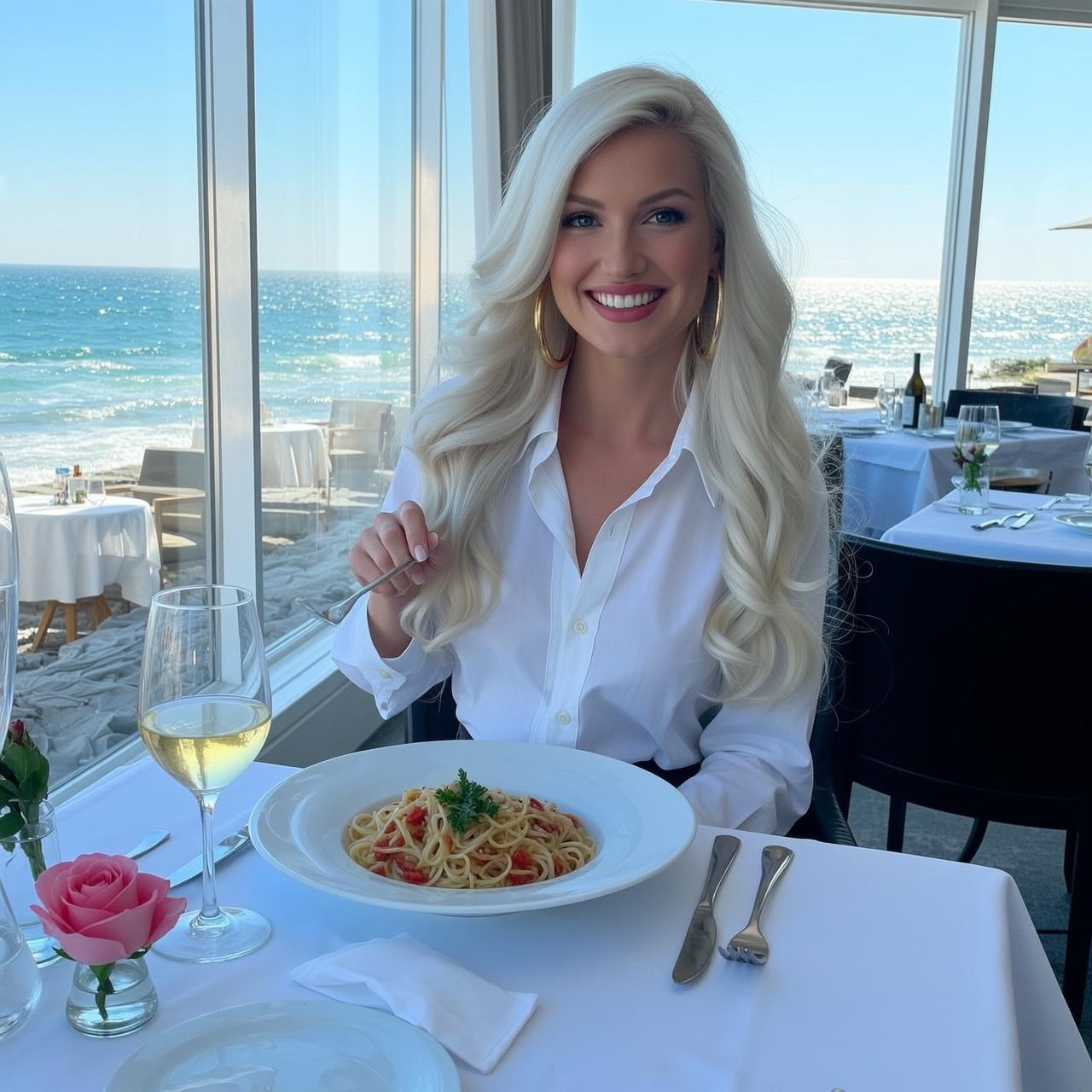 Explore Seated Table Restaurant Facing Slightly Her