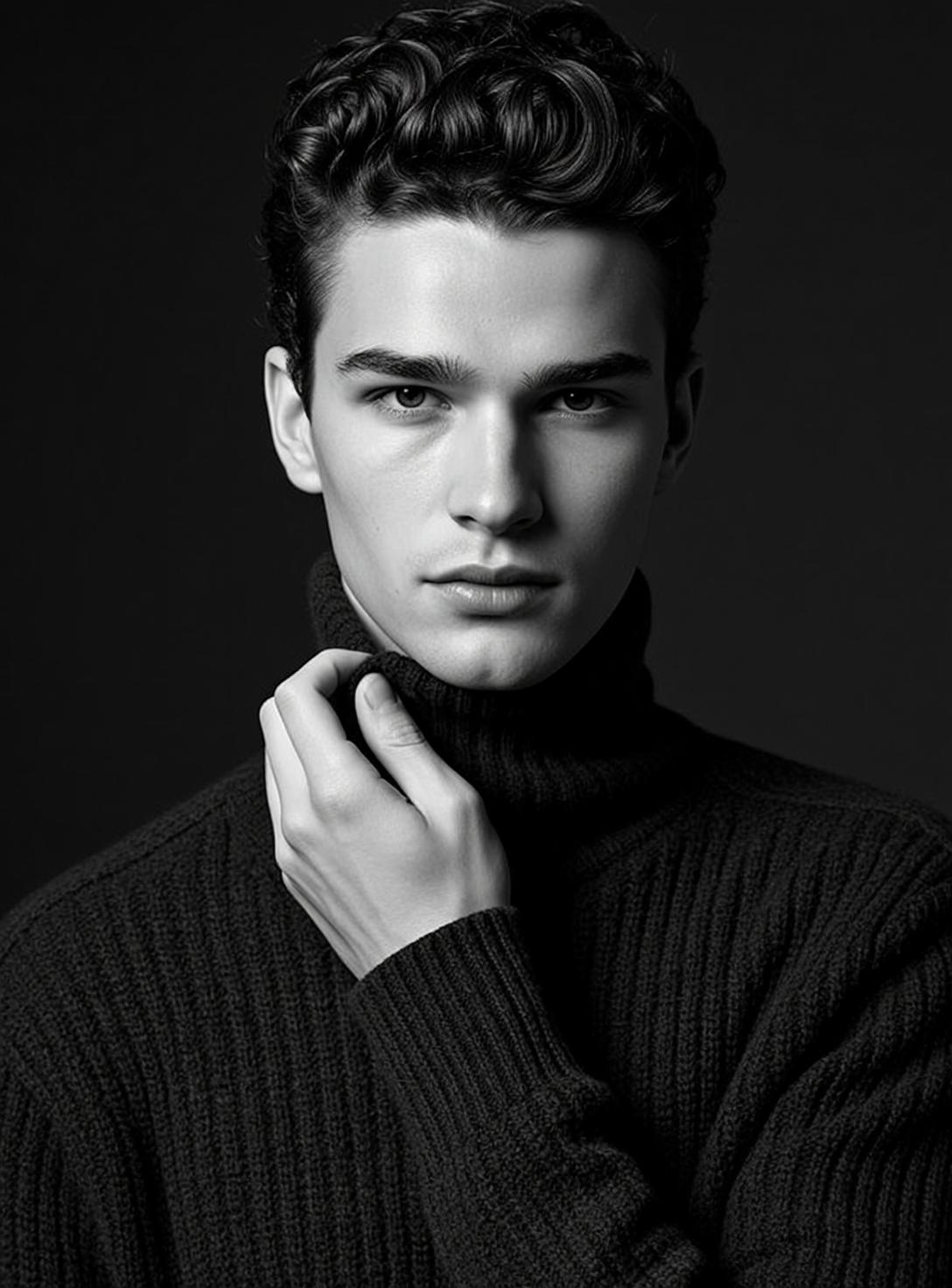 Black And White Medium Shot Portrait Young Man With Dark