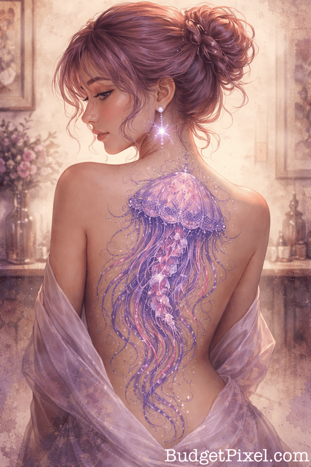 Soft Fantasy Beauty Portrait Lavender Wrap Floral Back
