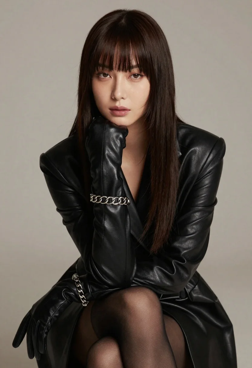 Woman With Long Dark Hair And Bangs Poses Elegantly Against reference photo
