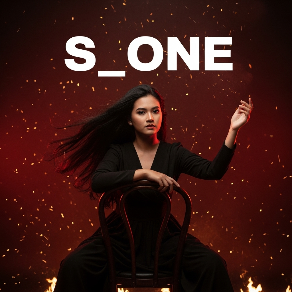 A confident individual in black attire sits on a classic wooden chair, with long hair blowing gently in a dramatic setting of red-golden flames.