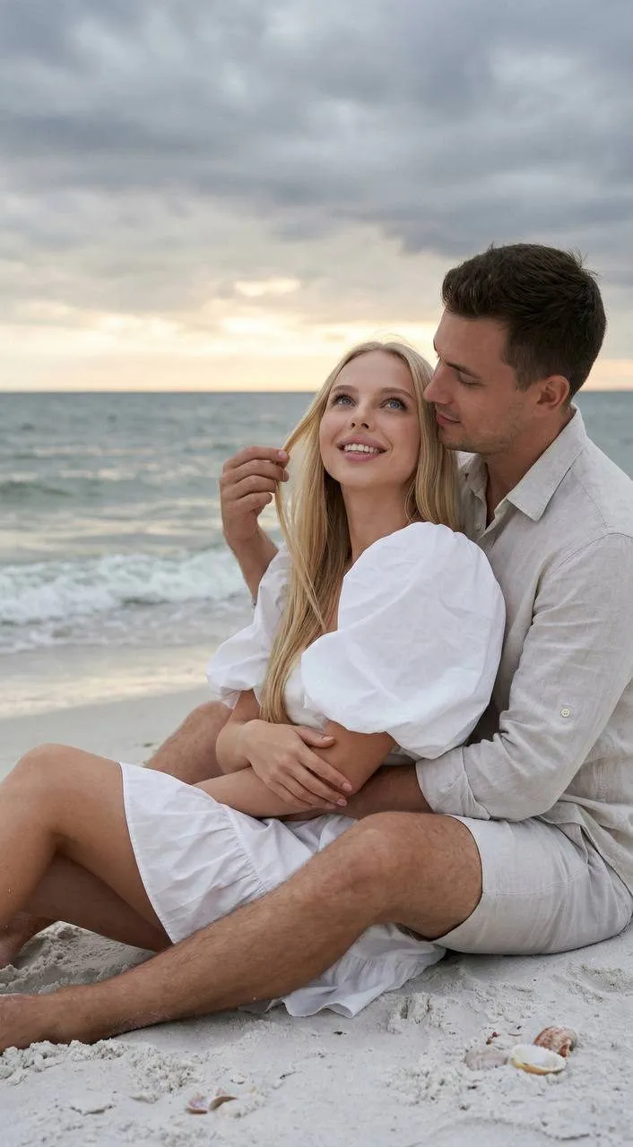Realistic Beach Portrait Sunset Cloudy Day