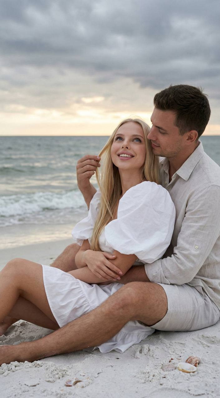 Ultra-realistic beach portrait at sunset, featuring a couple sitting on soft white sand under a dramatic overcast sky.