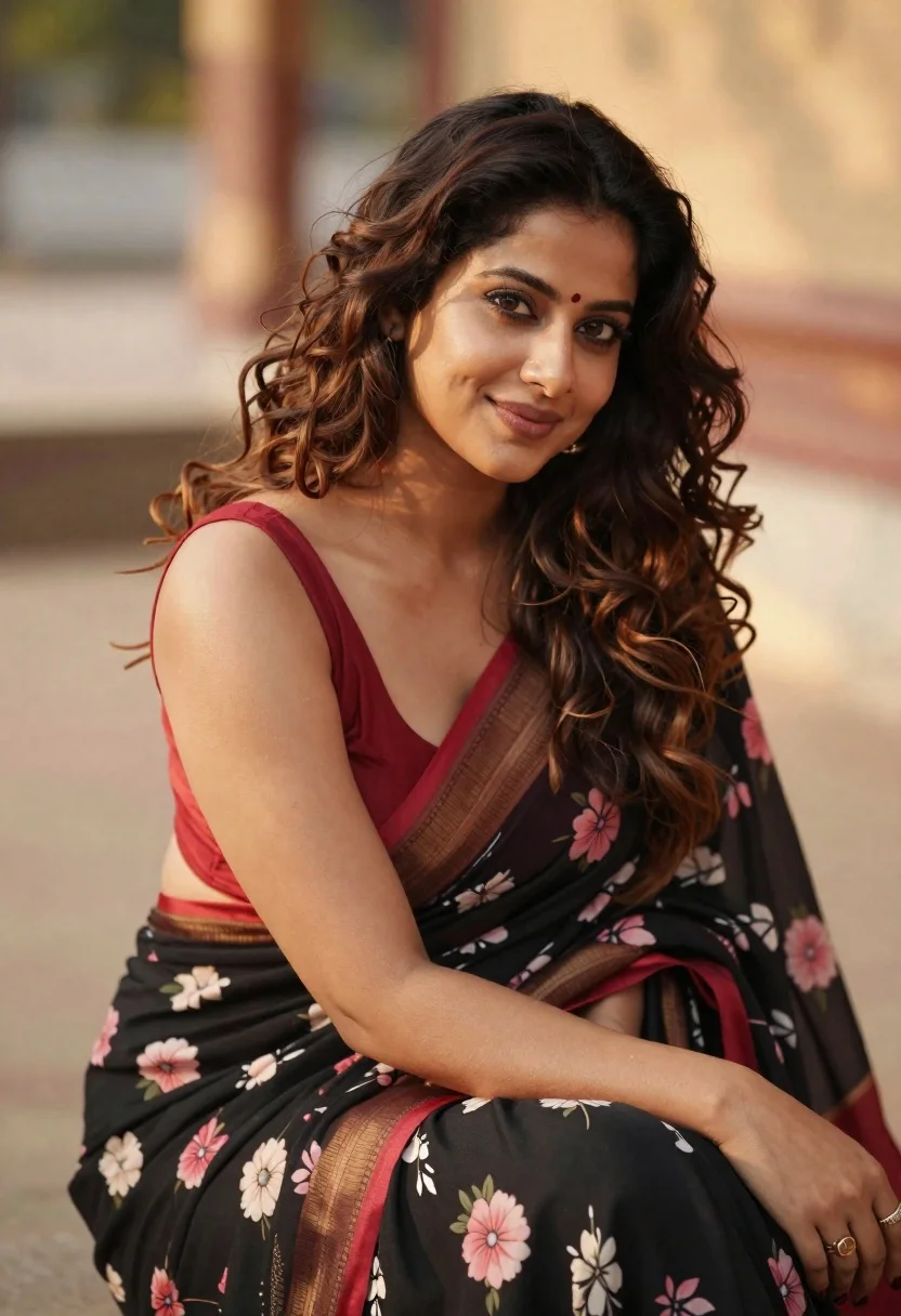 Woman With Long Wavy Brown Hair Sits Gracefully Relaxed Pose reference photo