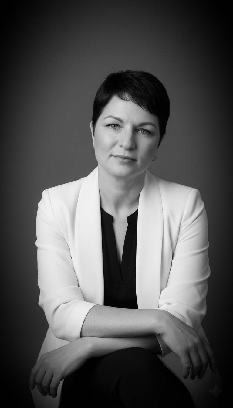 Retrato feminino de meio corpo, modelo com blazer branco e blusa preta, em iluminação suave e contraste refinado.