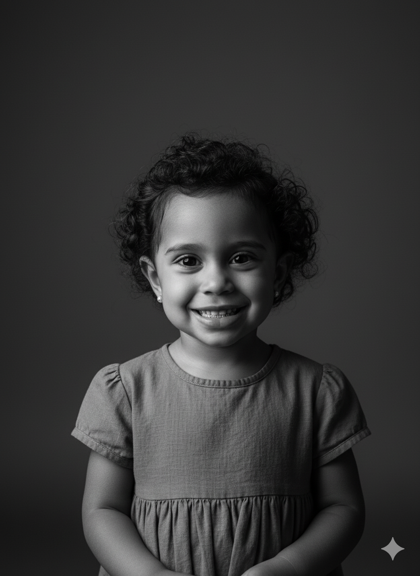 Menina em vestido vintage de algodão em estúdio minimalista com fundo cinza, iluminada por luz lateral dura, mostrando detalhes vívidos.