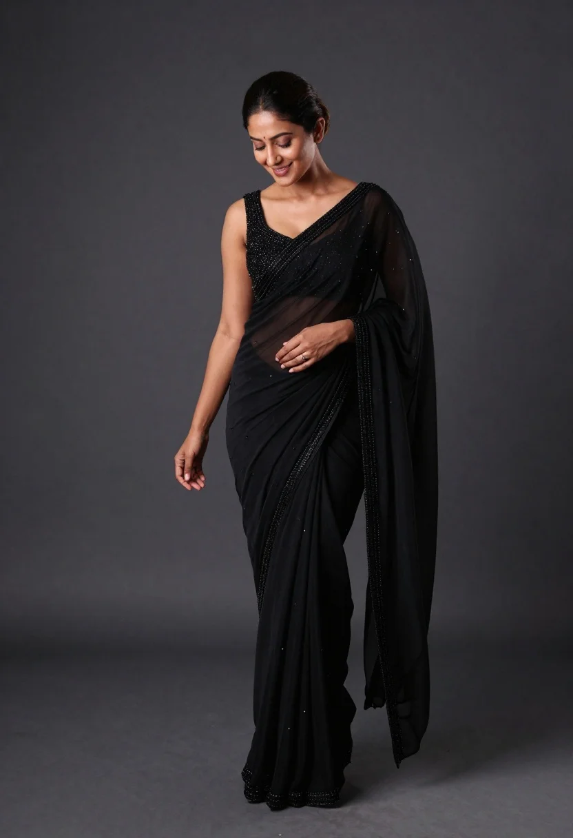Full-length Studio Portrait Smiling Woman Wearing Elegant Black Saree With reference photo