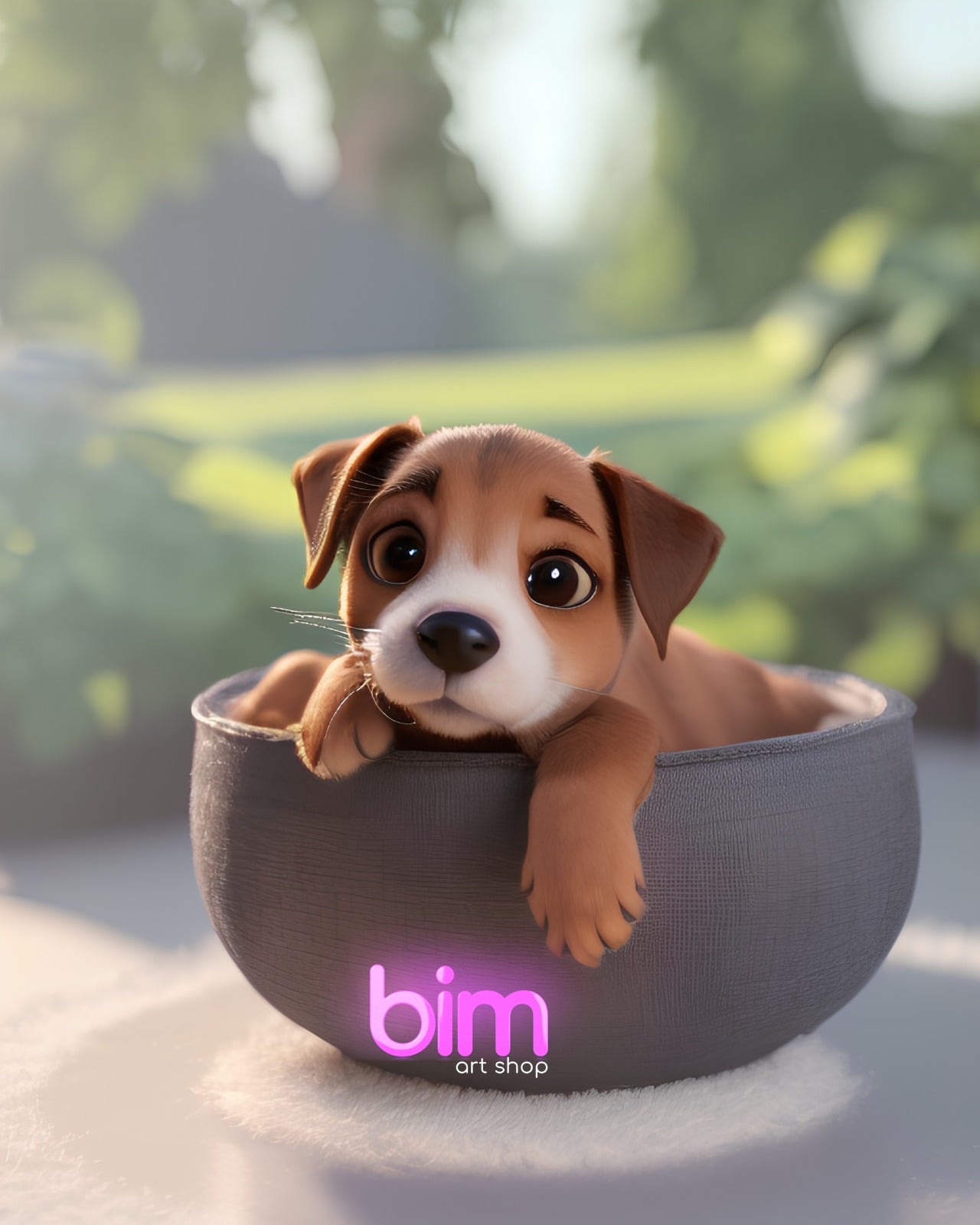 Puppy In Gray Bowl With Pink Neon Logo