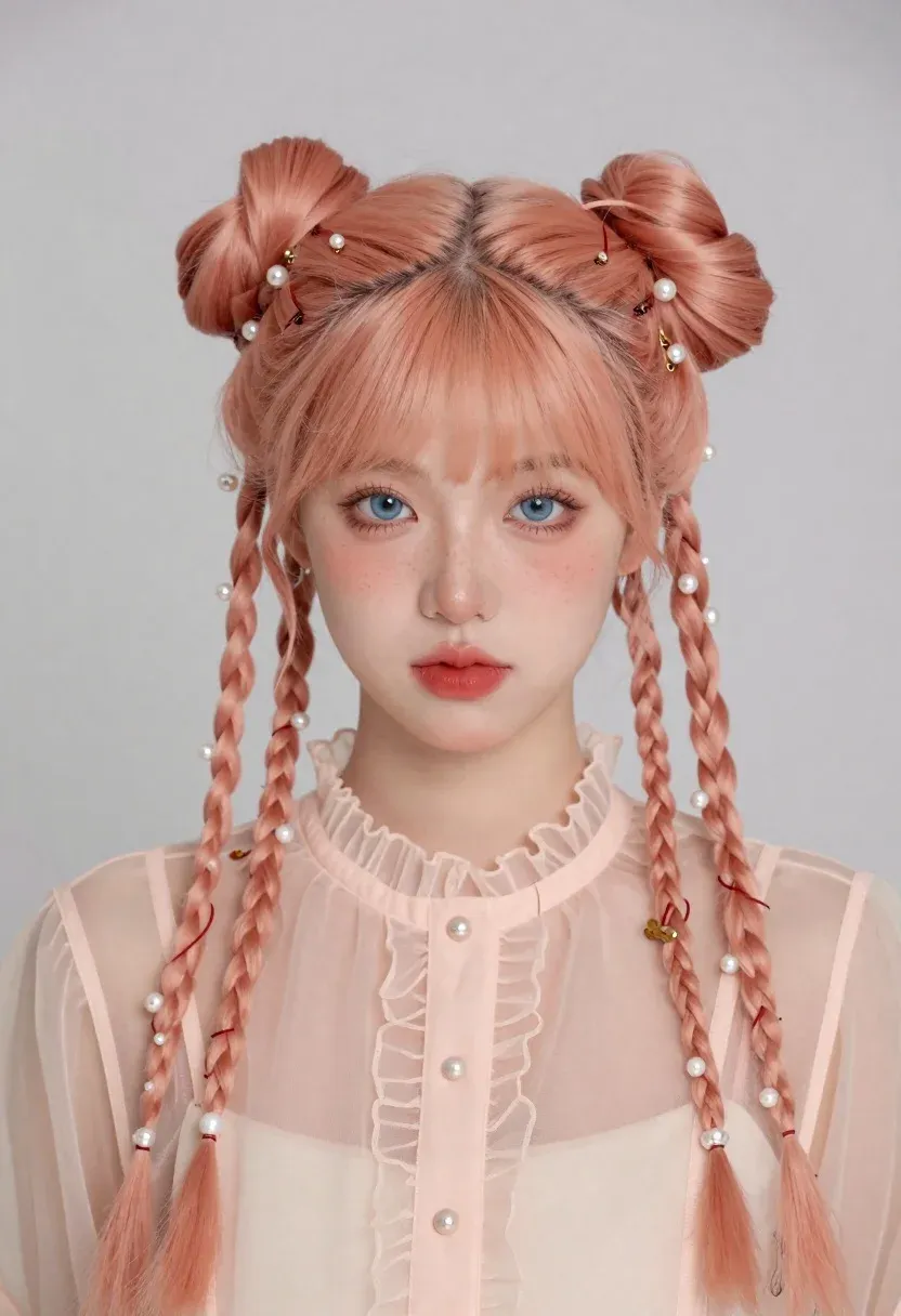 Soft Pastel Portrait Young Woman With Peach-toned Braided Hair Buns