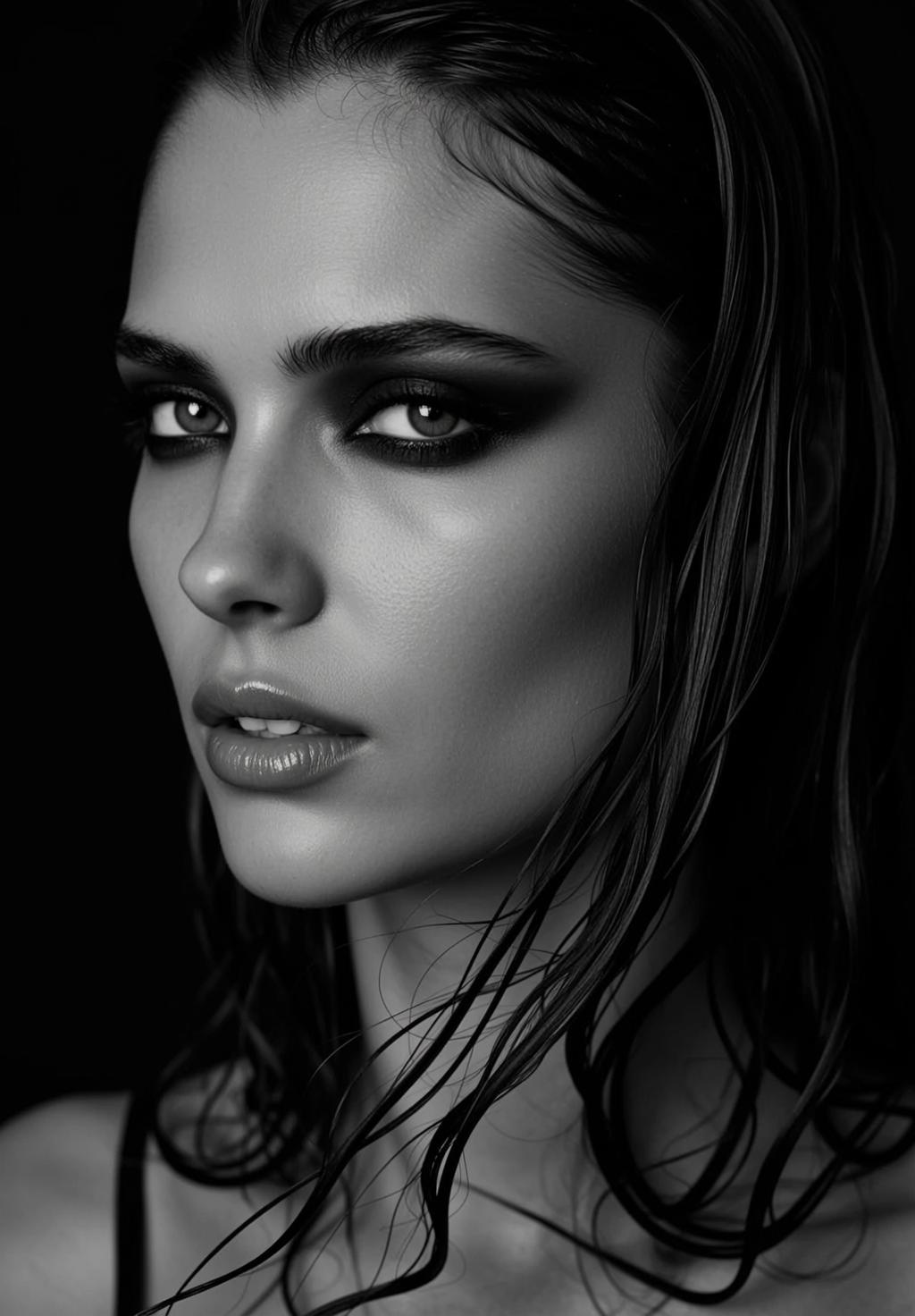 Dramatic Photorealistic Black And White Portrait Woman With Wet Dark